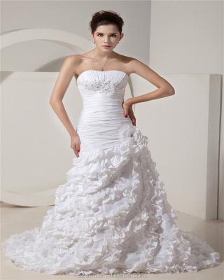 China Anti-Static 2018 Luxury Organza White Strapless Mermaid Ruched Beaded Tiered Hand Made Flower Wedding Dress For Brides for sale