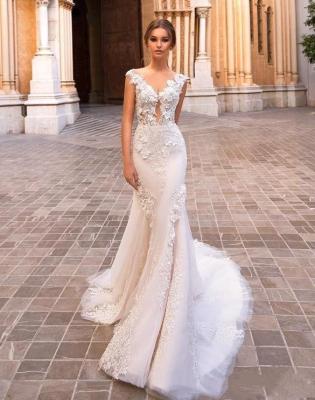 China Anti-Static Elegant Sheer Cap Sleeve Lace Mermaid Wedding Dresses 2019 Tulle Applique Sweep Train Wedding Bridal Gowns for sale