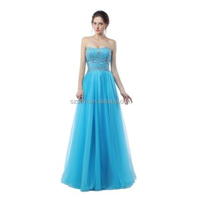 China Anti-Static Sweetheart A Line Party Prom Dress Blue Floor Length Zipper Beading Sequins Sleeveless Tulle Appliqued Lace-up Evening Dress for sale