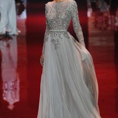 China Anti-Static Appliques Evening Dresses Beaded Elie Saab Sash Sweep Train Sheer Neck Long Sleeves New Party Pageant Dresses for sale