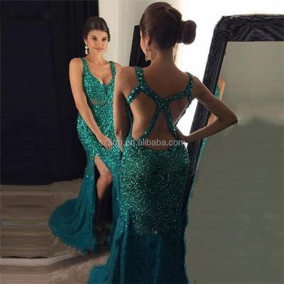 China Anti-Static Glamorous Spaghetti Straps Cocktail Party Wear Dress Side Split Sleeveless Zipper Backless Tulle Beaded Formal Evening Dress for sale