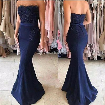 China Anti-Static Dark Royal Blue Cocktail Party Wear Dress Mermaid Sleeveless Strapless Zipper Backless Satin Formal Evening Dress for sale