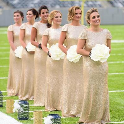 China Anti-Static Elegant Gold Short Sleeves Floor-Length Sequin Bridesmaid Dresses Affordable Bridesmaid Dress for sale