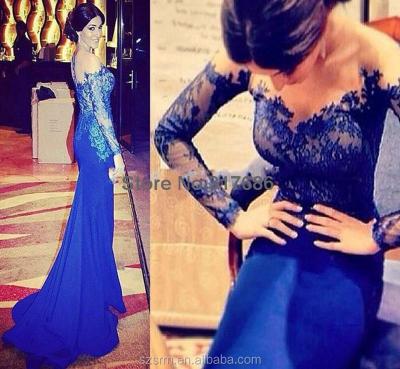 China Anti-Static Royal Blue Mermaid Evening Dresses Lace Sweep Train Evening Gowns J228 for sale