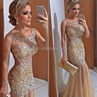 China Anti-Static 2018 New Design Champagne Sparkles Bodycon Sheer Top Neck Long Beaded Prom Dress Women Gown Free Shipping ZPD-272 for sale