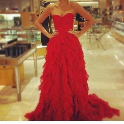 China Anti-Static 2018 New Design Elegant Organza Ruffle A-Line Lace Up Back Sweetheart Neckline Red Prom Dress for sale