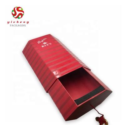 China High End Custom Materials Luxury Red Hexagon Red Liquor Bottle Gift Box Recycled Simple Wine Packaging Paper Boxes for sale