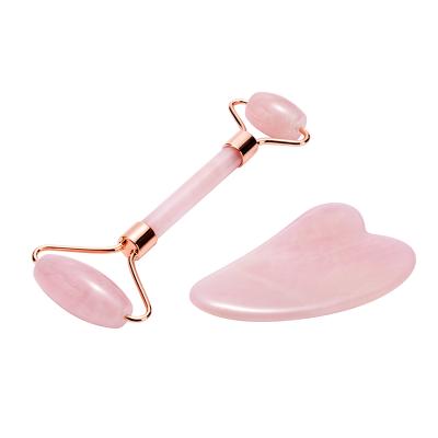 China Whitening Portable Natural Jade Gua Sha Board Rose Quartz Massage Roller 2 in 1 Jade Massage Set for sale