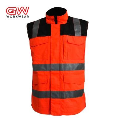 China Water Proof 3M Reflective Taped High Visibility Multi Pockets Work Vests Mens Safety Workwear Orange Winter Reflective Vest for sale