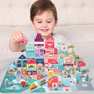 China DIY TOY 100/121Pcs Color Wooden Toys Urban Traffic Scenes Geometric Shape Assembled Building Block Early Educational Toys For Children for sale