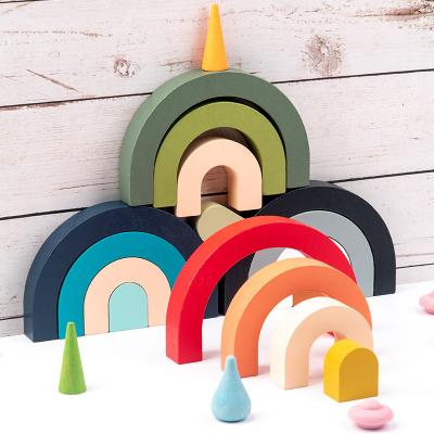 China MDF Kids Montessori Rainbow Stacker Toy Educational Wooden 3D Building Blocks Stacking Toy Nordic Wood Toys For Children for sale