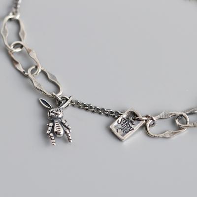 China Vintage SKA Retro Women Cartoon Rabbit S925 Bracelet English Alphabet Letter Mark Asymmetrical Bracelet Sterling Silver for sale