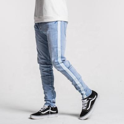 China Street denim lattice high quality stylish light blue viable jeans pants slim fit dropship ripped jeans men for sale