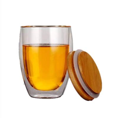 China Handcrafted Heat Resistant Double Wall Borosilicate Home.Restaurant.Bar.Hotel Mugs Glass Cup With Bamboo Lid for sale