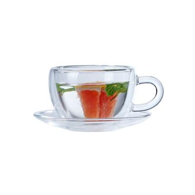 China Double Wall Glass Sustainable Coffee Mug With Plate High Borosilicate Glass for sale