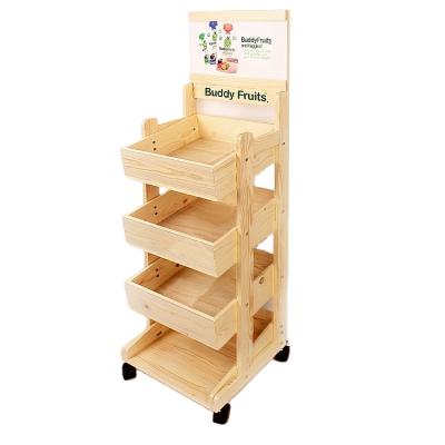 China Floor Display Customized Wooden With Wheel Snack Display Rack Hardware Floor Food Display Rack for sale