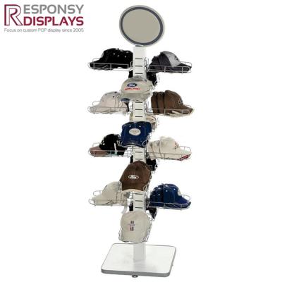 China Custom Special 4 Sided Style 4 Sided Metal Hat Rack Metal With Mirror Top Hat Rack Display for sale