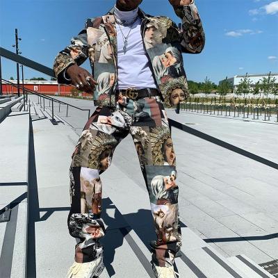 China 2021 Fashion Breathable Graffiti Printing Straight Leg Coat And Waist Mens Loose Casual Mid Pants Two Piece Set Pants Suit Men for sale