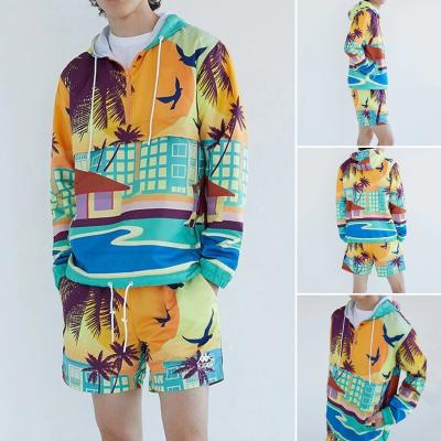 China 2021 Fashion Mens Casual Breathable Print Hoodie And Shorts Suit Loose Size Mid Shorts Autumn Two Piece Set for sale