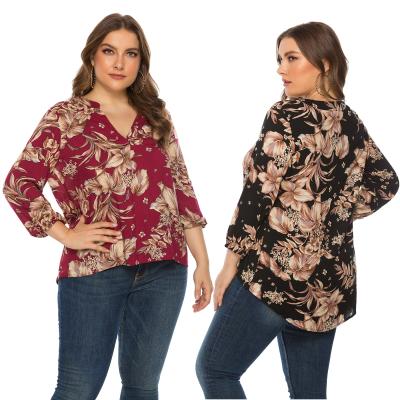 China 2021 Autumn QUICK DRY clothing ladies long sleeve loose v neckline plus size fashion flower print shirts women blouses for sale