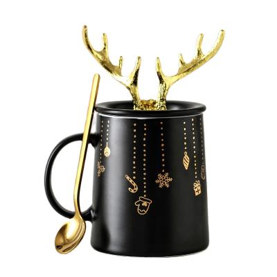 China Christmas Viable Creative Nordic Ceramic Gift Custom Coffee Couples Coffee Mug With Gold Antlers Lid Spoon for sale