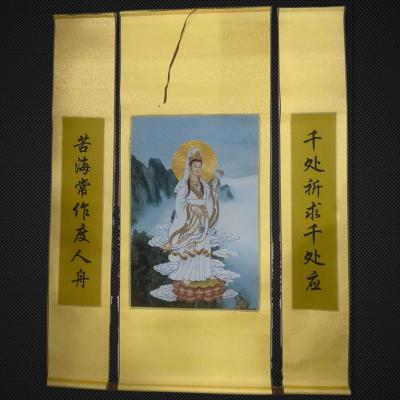 China Chinese Classical Style Guanyin Guangong Portrait Buddha Hall Consecrated Scroll Embroidery Cloth Living Room Embroidery Hanging Painting Chinese Painting for sale