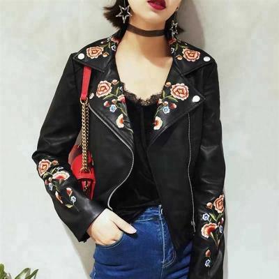 China Breathable Cheap Custom Style New Ladies Price Black Floral Leather Jacket for sale