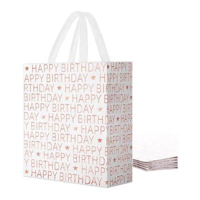 China Recycled Materials Custom Personalized White Cardboard Rose Gold Glitter Happy Birthday Tote Gift Bags For Women Girls Kids Gift Packaging for sale