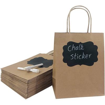 China PREMIUM Recycled Materials QUALITY Medium Size Kraft Paper Low MOQ Bag Party Label Shopping Brown Sticker Chalk Gift Bags With Chalk Sticker for sale