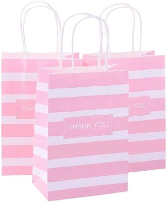 China Recycled Materials Custom Pink Stripe Kraft Paper Thank You Bags Small Gift Shopping Grocery Bags Candy Stripe Paper Bags With Handles for sale