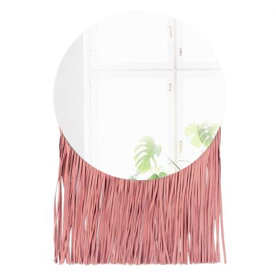 China Minimalist Round Decorative European Type Faux Leather Tassels Decor Mirrors - Diameter 39.2cm/15.4Inch for sale