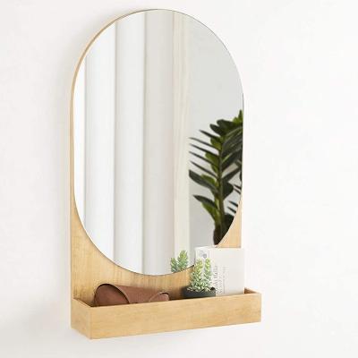 China Art Decor Modern Wood Framed capsule mirror, 16 x 26, natural wood, Scandi mirror with shelf for wall for sale