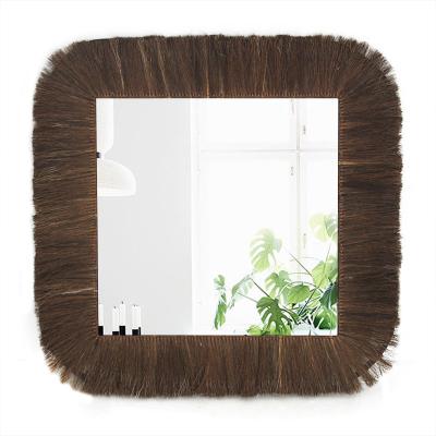 China Contemporary Designer Brown Mane Square Framed Wall Decorative Handmade Mirror for sale