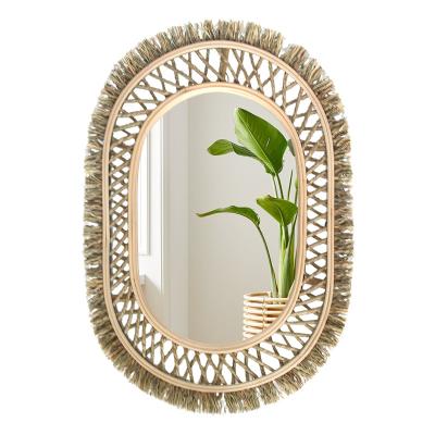 China Art Decor Rattan Grass Glass Wall Mirror Hanging For Home Decoration for sale