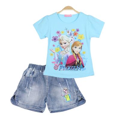 China Casual Girls Teams Two Piece Set Elsa Anna Summer Kids Clothing Cartoon 2 Sleeve Children Clothes Fashion Shorts Jeans Shorts for sale