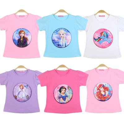 China Kids Tee Summer Girl T-shirt Sleeve Clothes Breathable 1 Piece Sequin Elsa Anna Cotton Children's Short Change Costume for sale