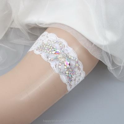 China Luxury stretched lace ab color rhinestones beaded Applique stretched lace wedding garter for bride handmade HT00012 for sale