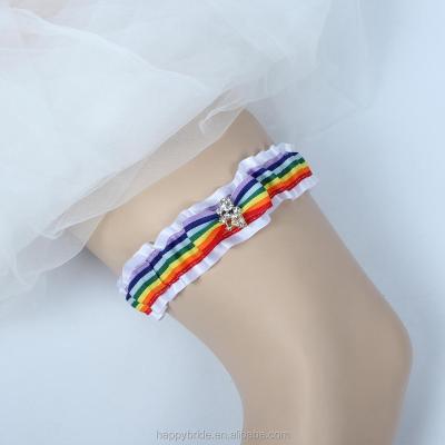 China Stretched Wedding Garter Lowosaiwor Factory Rainbow Ribbon Wedding Garter Set, Bridal Leg Garter Belt WG1002 Handmade for sale