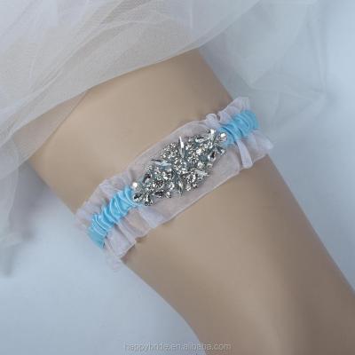 China Stretched Wedding Garter Factory Blue Ribbon Crystal Beaded Applique Wedding Bridal Leg Garter Belt Set WG1003 for sale