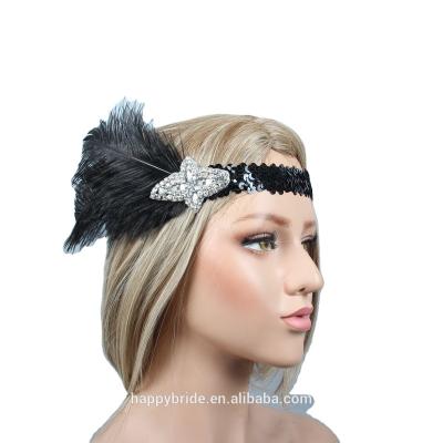 China Ribbon Tied Bow on Back Headband Lowosaiwor Black Ostrich Feather 1920s Great Gatsby Headpiece with Crystal Applique Handmade HD0057 for sale