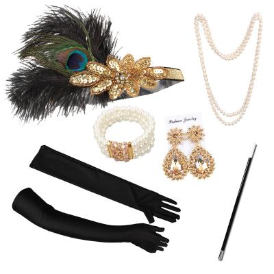 China Eco-Friendly Gatsby Costume Party Set With Gold Sequin Helmet Eardrop Cigarette Holders For Women for sale