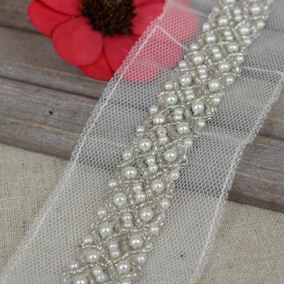 China Ivory Imitation Pearl Beaded Vintage Trim Viable Lace Handmade With Seed Pearl For Wedding Dress LO10002 for sale