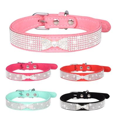 China Custom Adjustable Suede Diamonds Dog Cat Collar Bow Multirow Shining Faux Stone Pet Collar Leash for sale