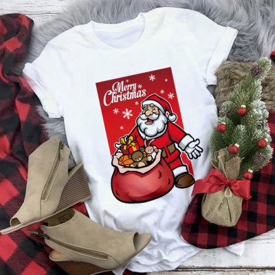 China UFOGIFT Viable Girl Summer Santa Claus Christmas Screen Print Short Sleeve White Christmas T-Shirt For Women for sale