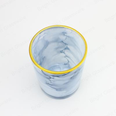 China Hot Sale 10oz Home Decor Marble New Arrival Blue Glass Candle Jar With Gold Rim And Box for sale