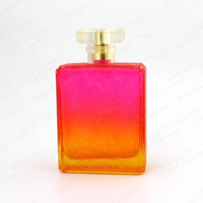 China Personal Care Gradient Perfume Bottle Spray Square Shape Glass Red Perfume Bottle With Small Neck for sale