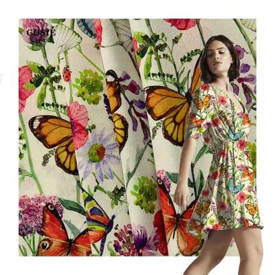 China Custom Viable Comfy Digital Printing Crepe Flower And Butterflies Pattern 55%viscose 45%rayon Georgette Fabric For Lady Dress for sale