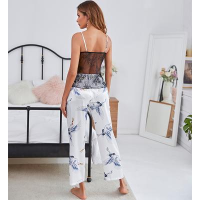 China 2021 Breathable Ladies Ice Silk Printed Thin Sleeveless Two Piece Set Top and Loose Sling Pants Summer Pajamas for sale