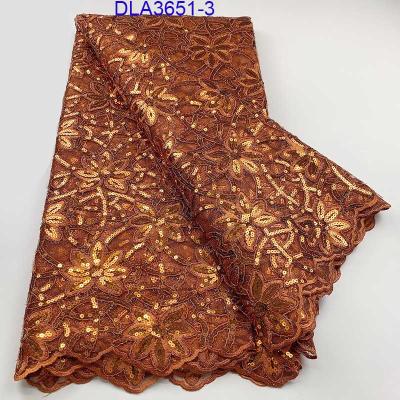 China African embroidery net lace fabric high quality workable bling elegant burnt orange sequin lace for lady for sale