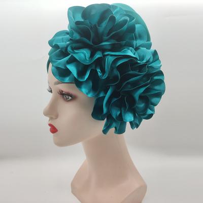 China New Exaggerated Muslim Arab Muslim Headtie Wrap Air Layer African Indian Cap Hat Muslim Turban With Big Flower for sale